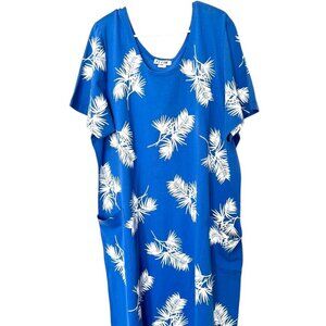 M. MAC Blue Palm Leaf Midi Dress Womens 2X Short Sleeve Cotton USA NWOT